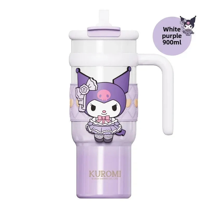 Sanrio 900Ml Thermos Cup Hello Kitty Cinnamoroll Kuromi Design Leakproof Water Cup Portable Bag Car Ice Cup Gift for Friends