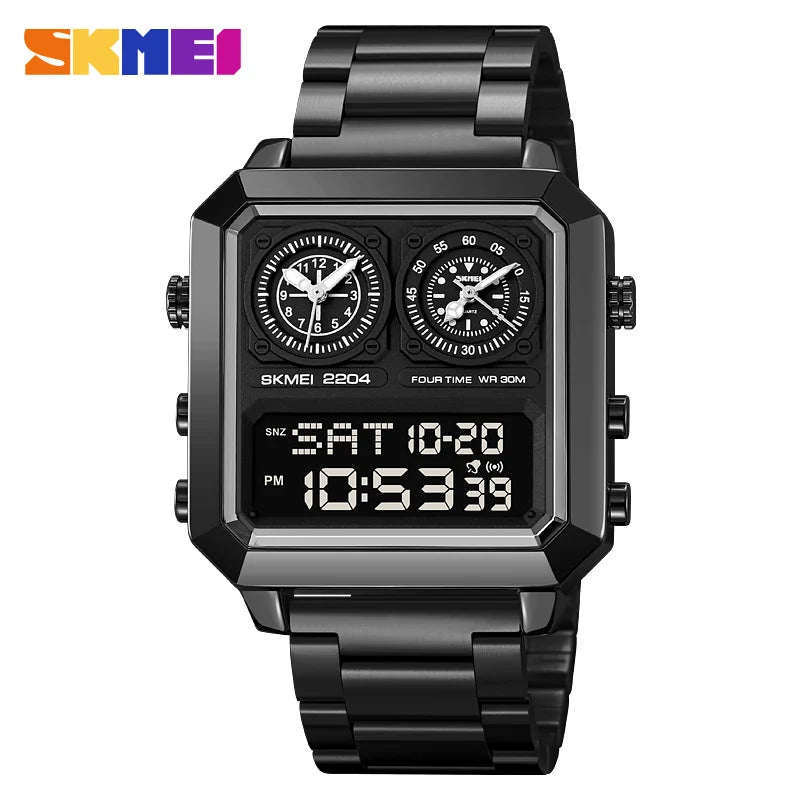 SKMEI Genuine Men's Electronic Watch Square Countdown Mary Gold Stainless Steel Strap 4 Time Timer Alarm Clock EL Luminous 2204