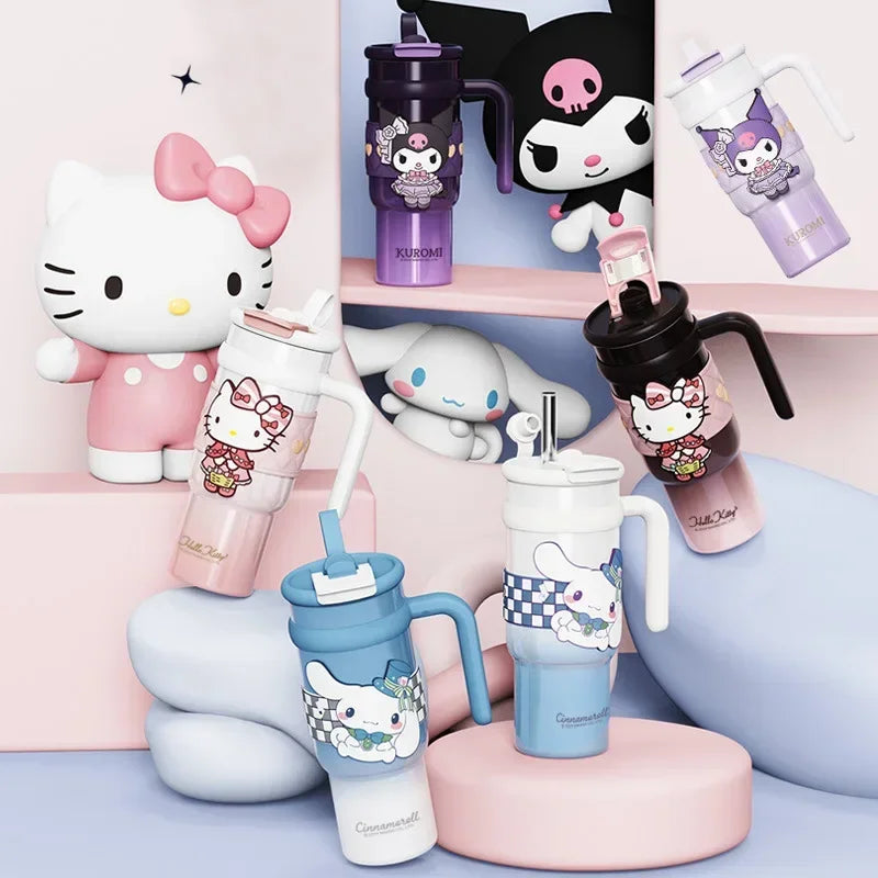 Sanrio 900Ml Thermos Cup Hello Kitty Cinnamoroll Kuromi Design Leakproof Water Cup Portable Bag Car Ice Cup Gift for Friends