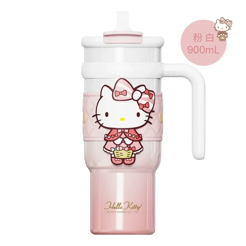 Sanrio 900Ml Thermos Cup Hello Kitty Cinnamoroll Kuromi Design Leakproof Water Cup Portable Bag Car Ice Cup Gift for Friends