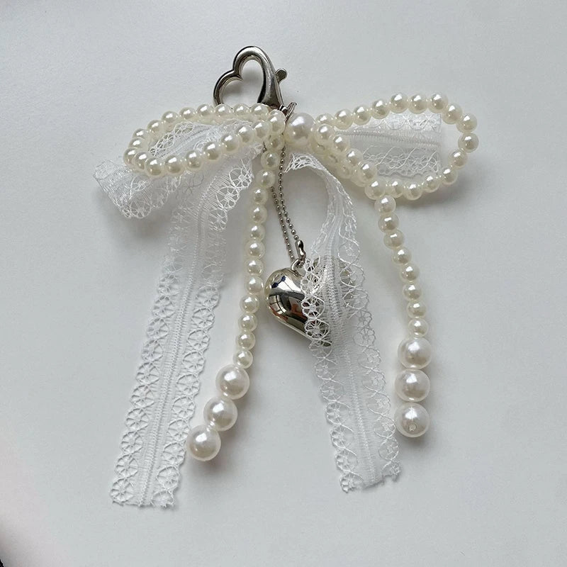 1Pcs Sweet Lace Bow Beaded Bow Keychain Phone Charm Strap Pendant For Phone Accessories Bag Hanging Cord For Women Girl