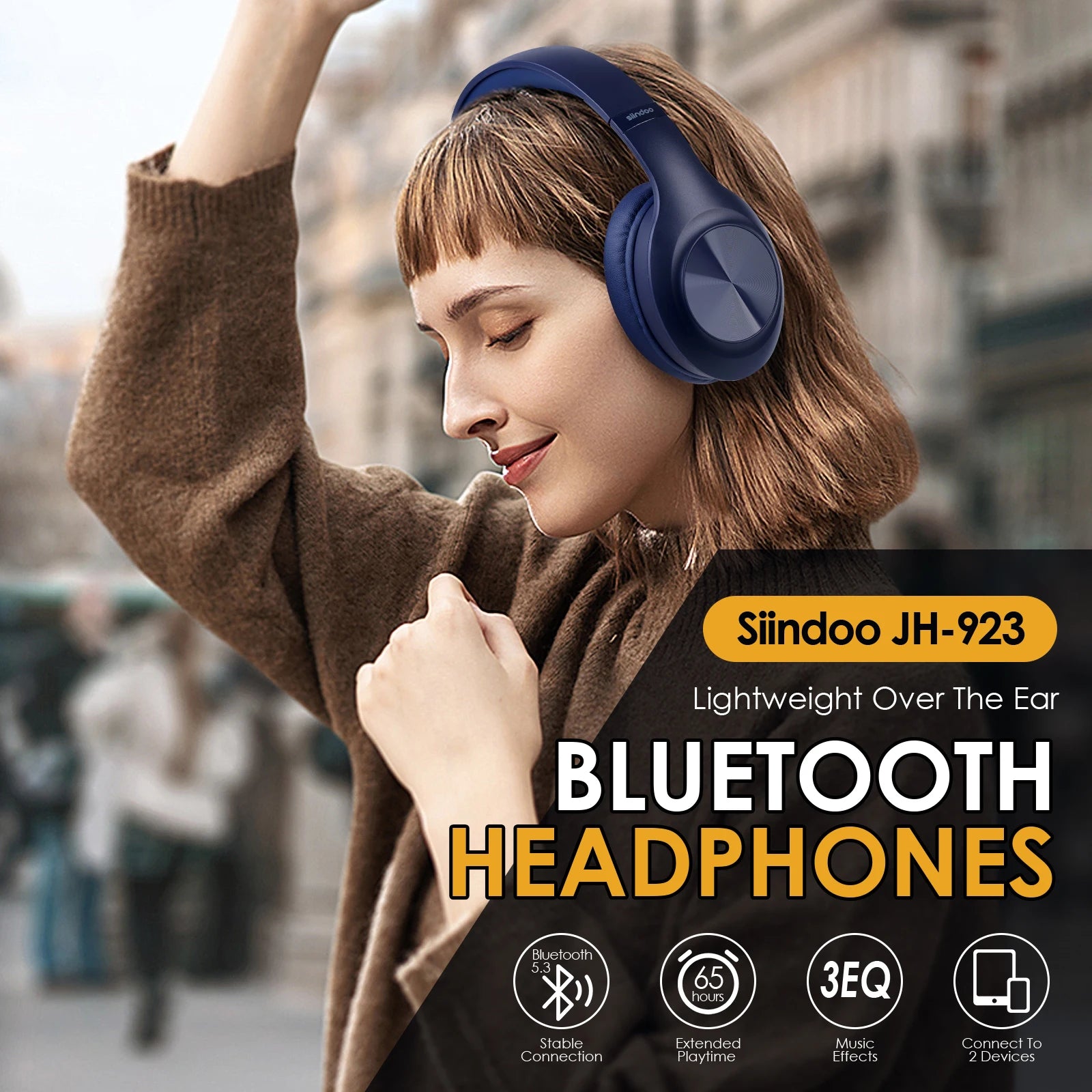 Siindoo JH-923 Wireless Headphones Over Ear,Foldable Bluetooth Headsets,3EQ Sound Modes, Hi-Res Audio with Mic Deep Bass Blue