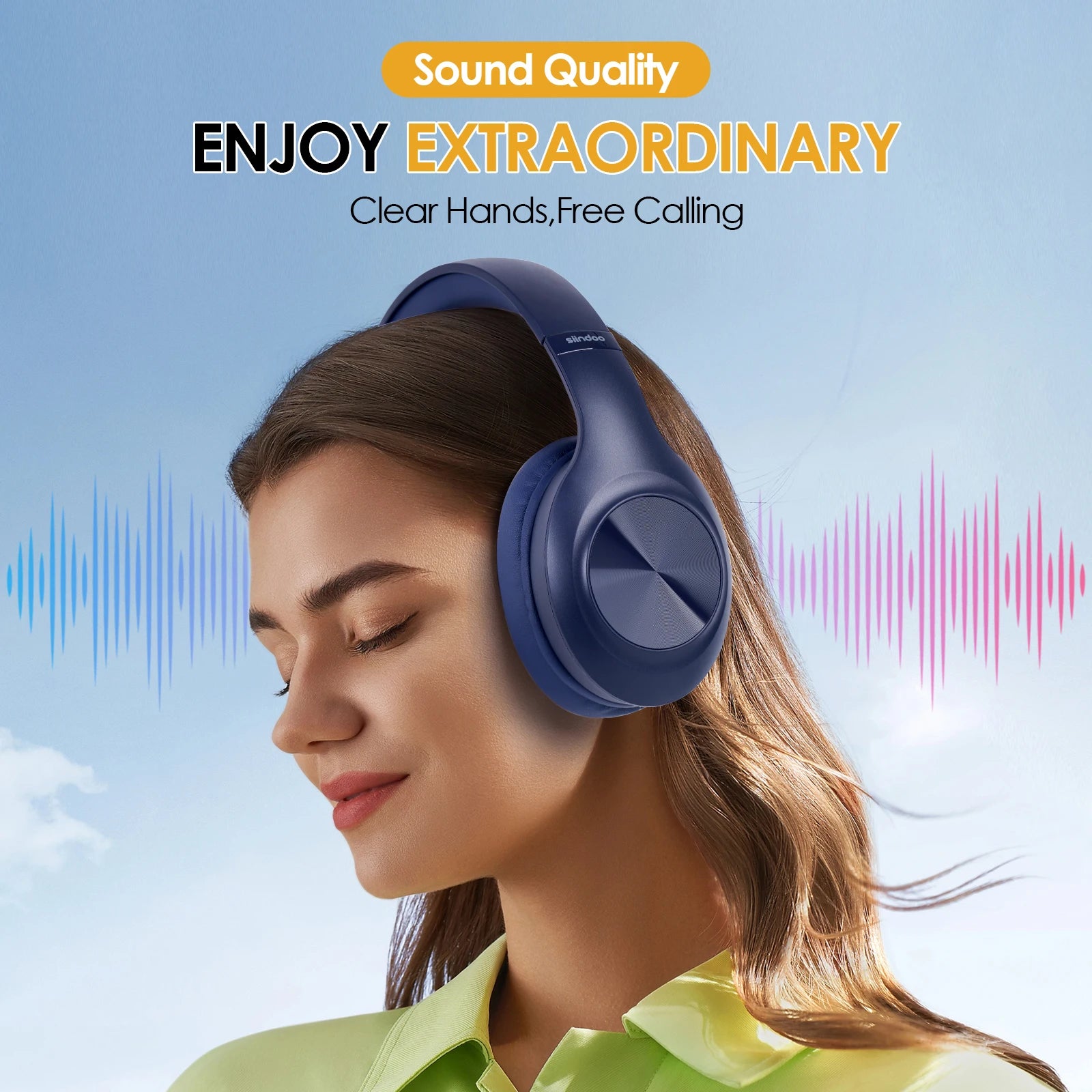 Siindoo JH-923 Wireless Headphones Over Ear,Foldable Bluetooth Headsets,3EQ Sound Modes, Hi-Res Audio with Mic Deep Bass Blue