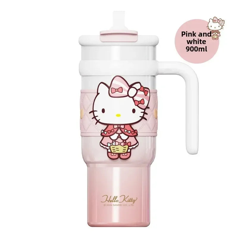 Sanrio 900Ml Thermos Cup Hello Kitty Cinnamoroll Kuromi Design Leakproof Water Cup Portable Bag Car Ice Cup Gift for Friends