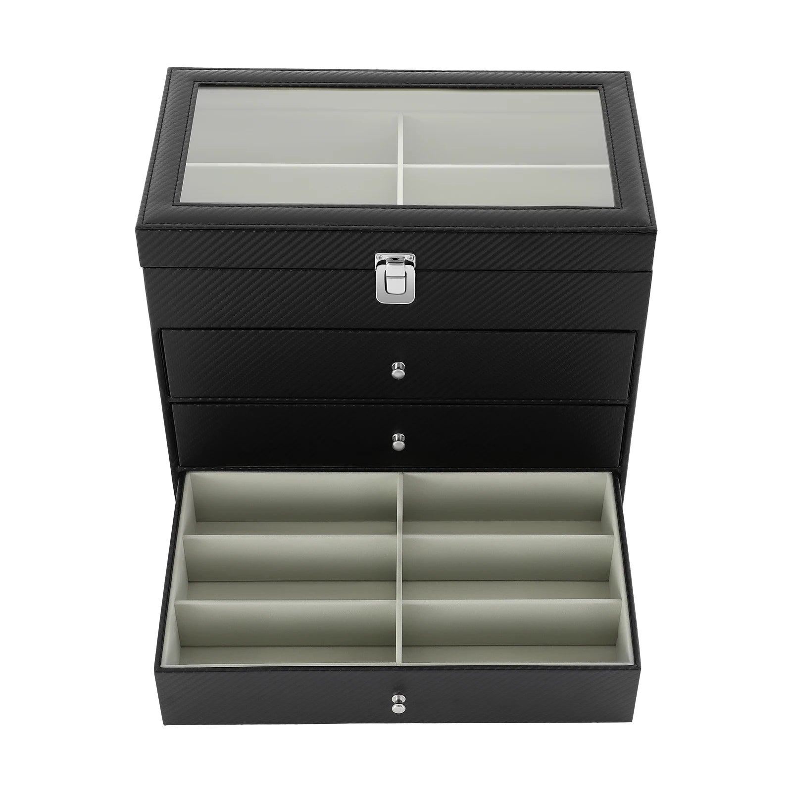 24-Slot Glasses Display Case, PU Leather & Glass Top Storage Box for Sunglasses, Watches, Jewelry, Locking Clasp & Pull-Out