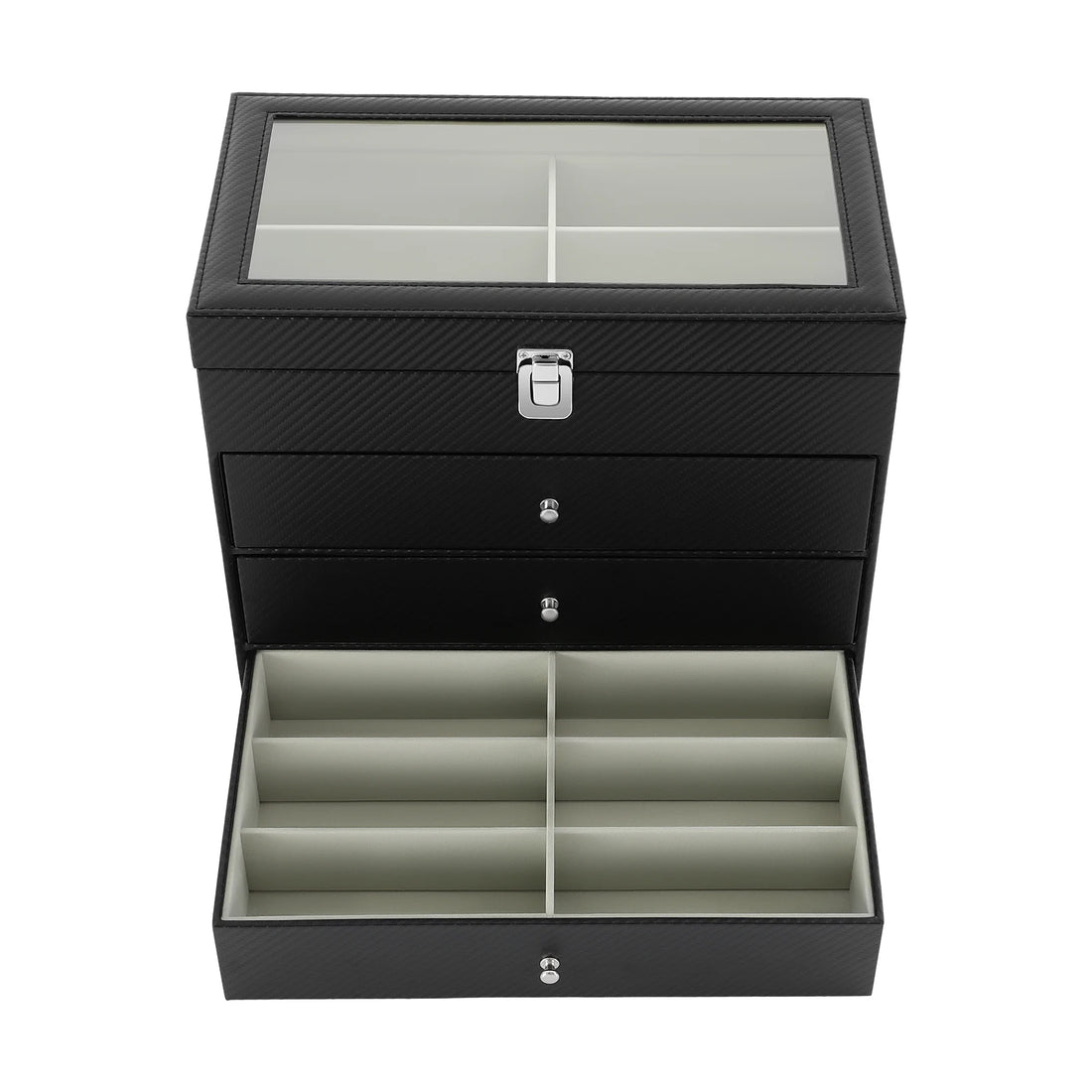24-Slot Glasses Display Case, PU Leather & Glass Top Storage Box for Sunglasses, Watches, Jewelry, Locking Clasp & Pull-Out