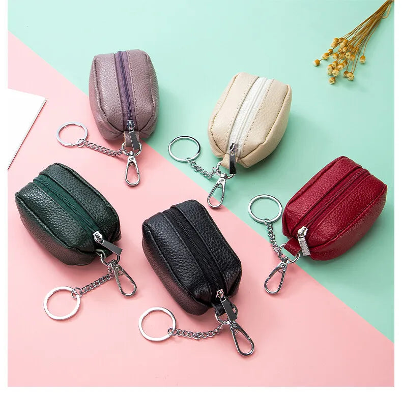 Small Pocket Zipper Key Storage Bag Simple Elegant PU Leather Wallet Car Key Ring Solid Color Lipstick Earphone Pouch Pocket