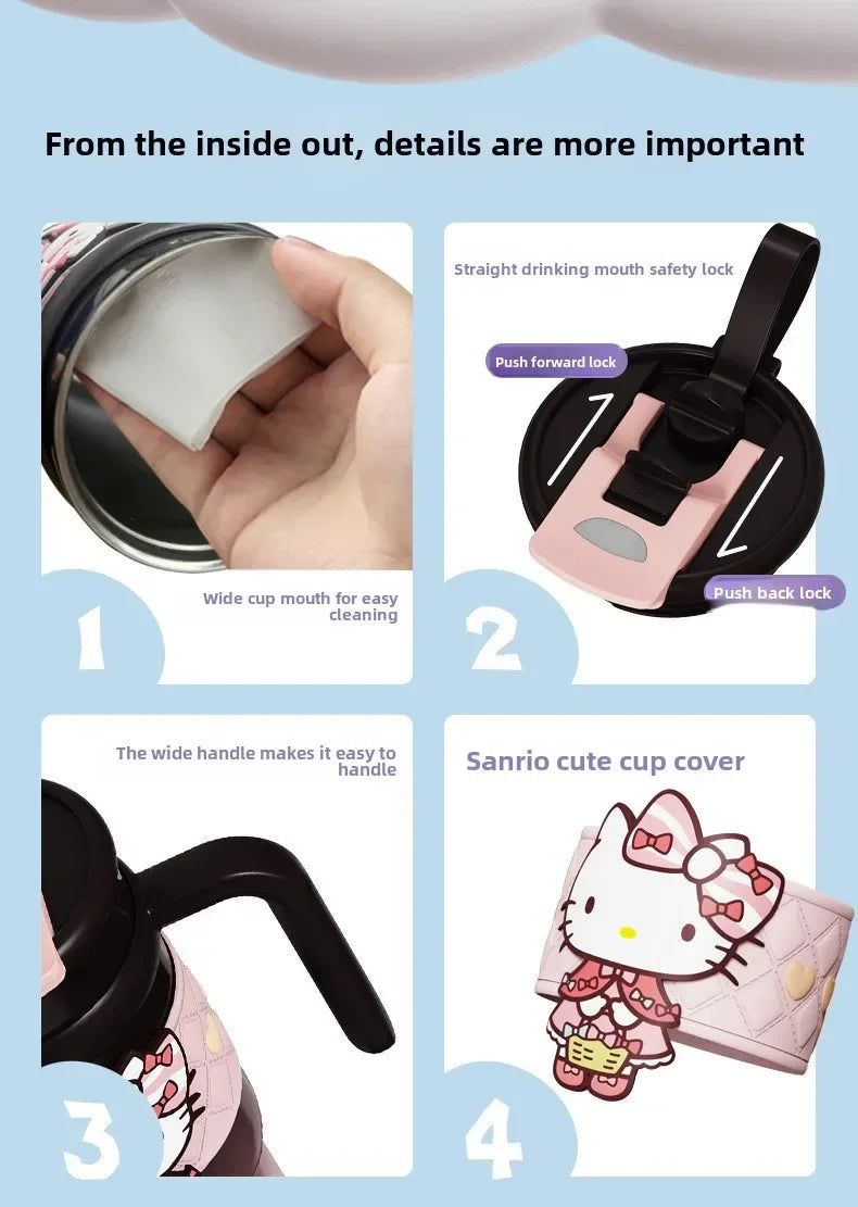 Sanrio 900Ml Thermos Cup Hello Kitty Cinnamoroll Kuromi Design Leakproof Water Cup Portable Bag Car Ice Cup Gift for Friends