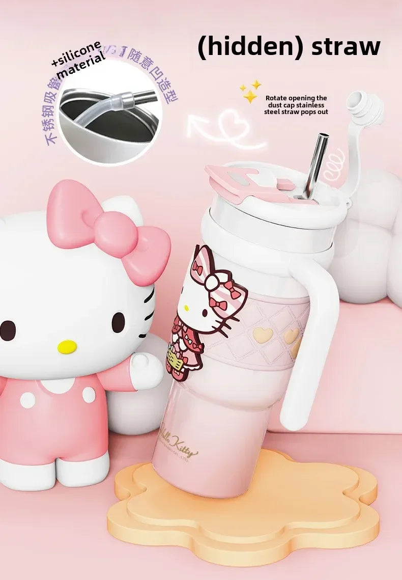 Sanrio 900Ml Thermos Cup Hello Kitty Cinnamoroll Kuromi Design Leakproof Water Cup Portable Bag Car Ice Cup Gift for Friends
