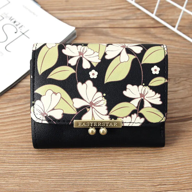 Women's Foldable Leather Wallet Floral Print Wallet Multi-card Slot ID Card Holder Card Bag Fashionable Wallet Cute Handbag