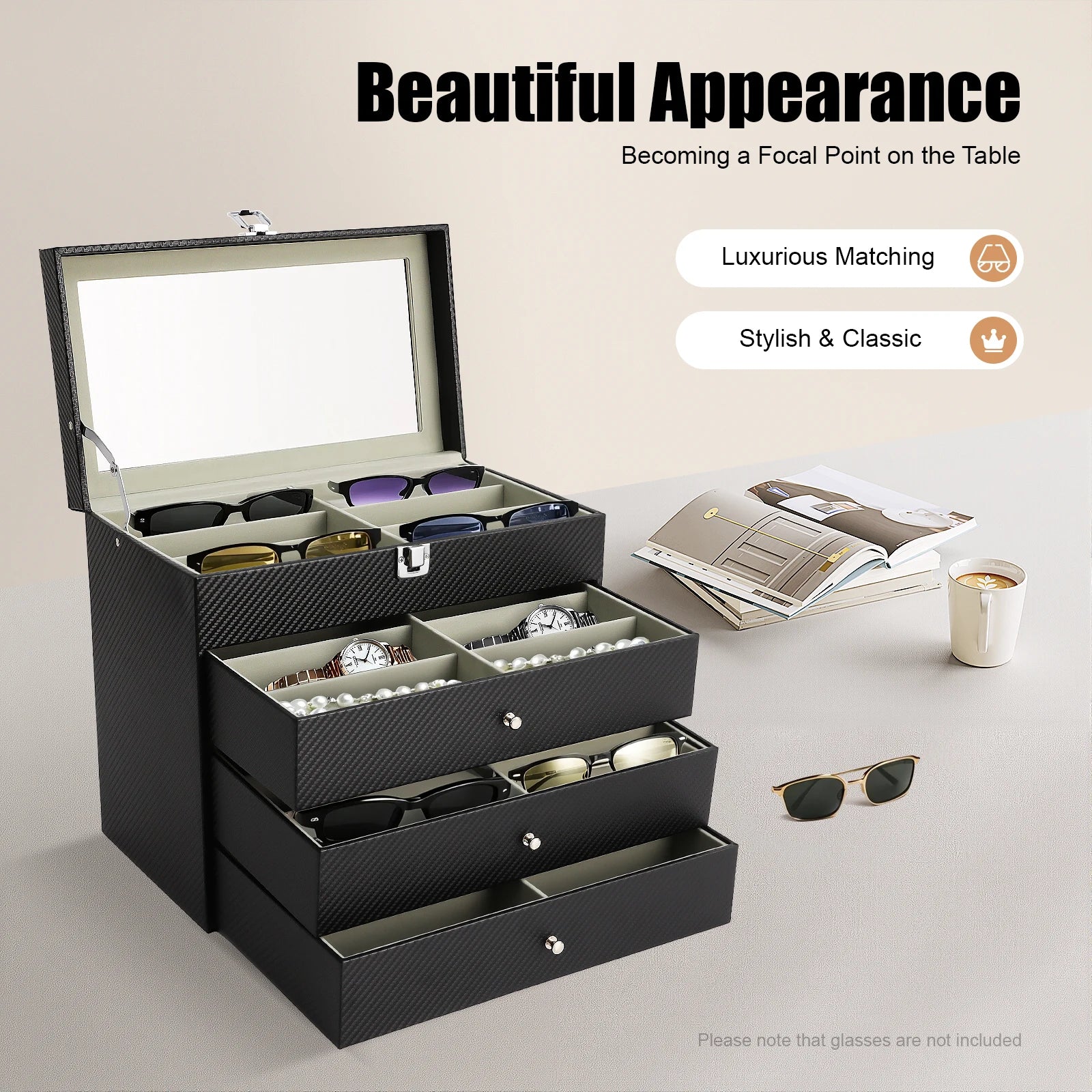 24-Slot Glasses Display Case, PU Leather & Glass Top Storage Box for Sunglasses, Watches, Jewelry, Locking Clasp & Pull-Out