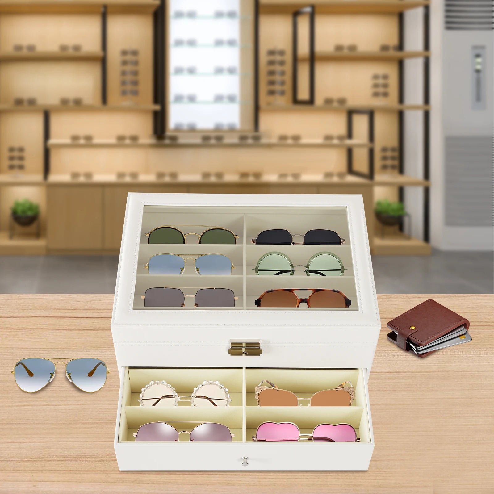Sunglasses Box with 3-Tier Design, 24 Compartment Storage, Clear Glass Lid, Sturdy Lock, Soft Lint Interior, Eco-Friendly MDF
