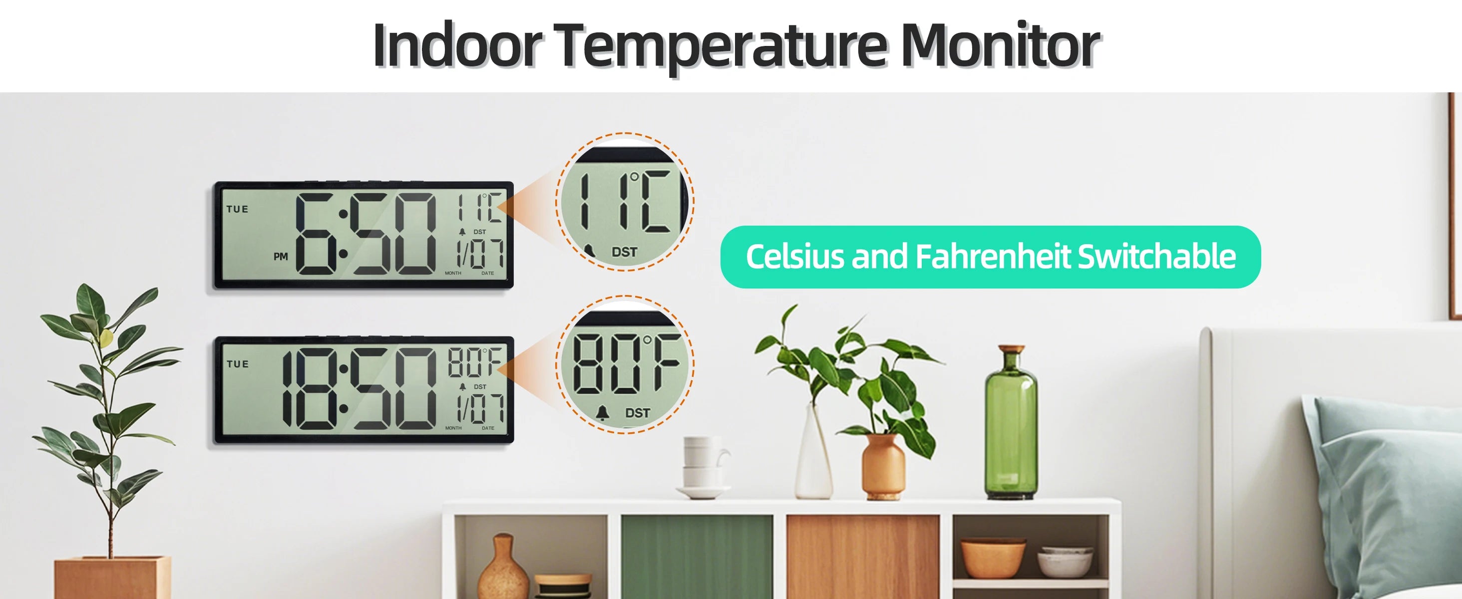 14.5" Large Digital Wall Clock Battery Operated, Clock with Large Display Numbers, Calendar, Auto DST, Clocks for Living Room