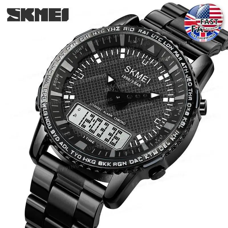SKMEI Dual Time Dial Watch Fashion Steel Men's Men Watches Luxury Led Light Chrono Digital Watch Sport Stopwatch Clock For Men