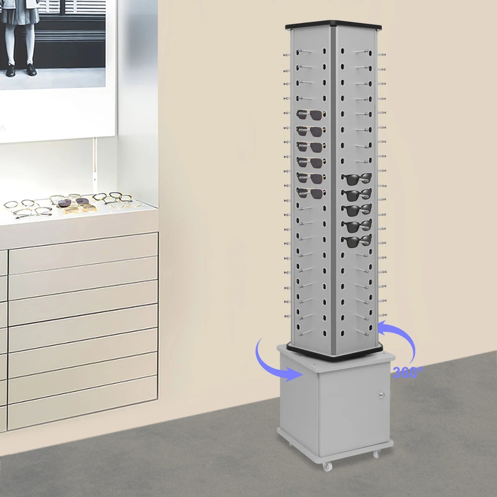 Rotating Glasses Display Stand – Silver Floor Stand with Aluminum-Plastic Plate for Sunglasses and Eyewear