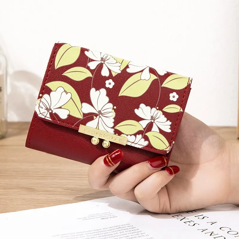 Women's Foldable Leather Wallet Floral Print Wallet Multi-card Slot ID Card Holder Card Bag Fashionable Wallet Cute Handbag