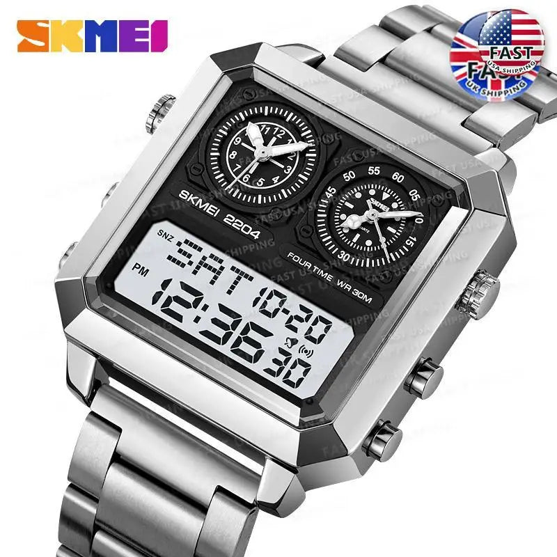 SKMEI Genuine Men's Electronic Watch Square Countdown Mary Gold Stainless Steel Strap 4 Time Timer Alarm Clock EL Luminous 2204