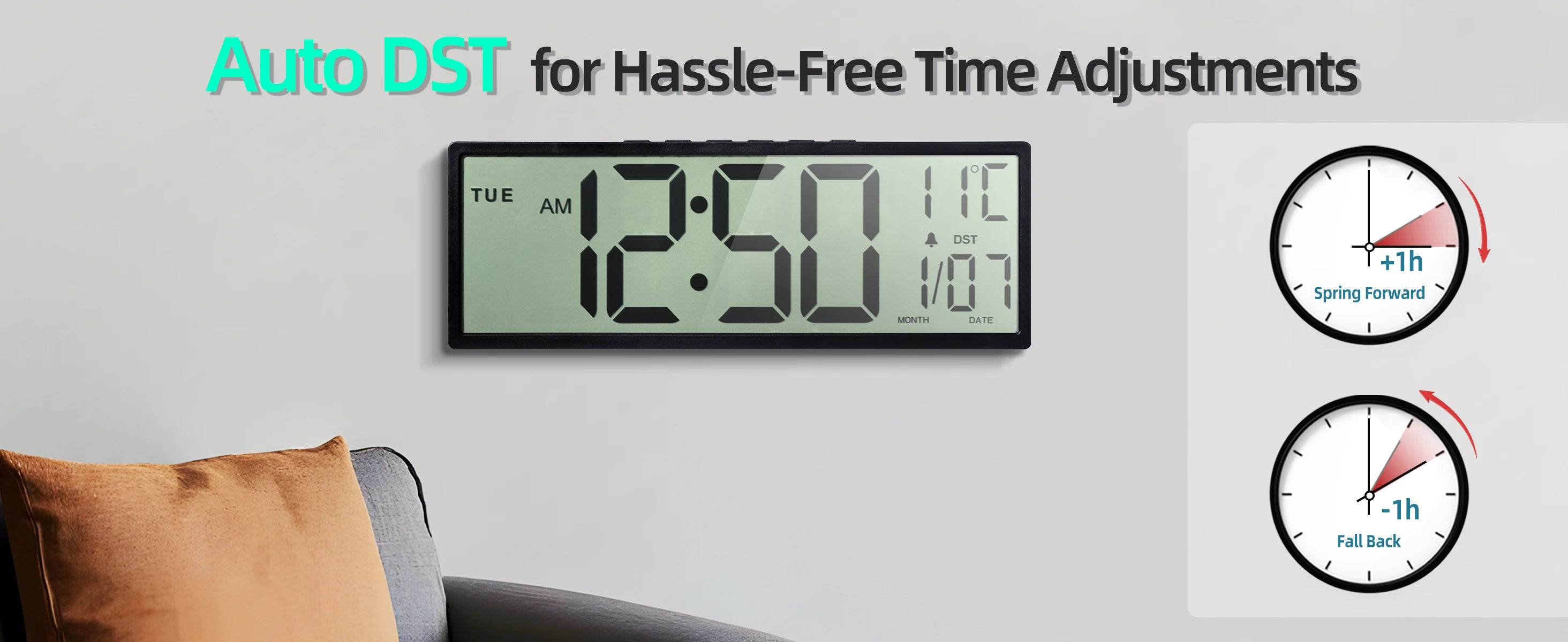 14.5" Large Digital Wall Clock Battery Operated, Clock with Large Display Numbers, Calendar, Auto DST, Clocks for Living Room