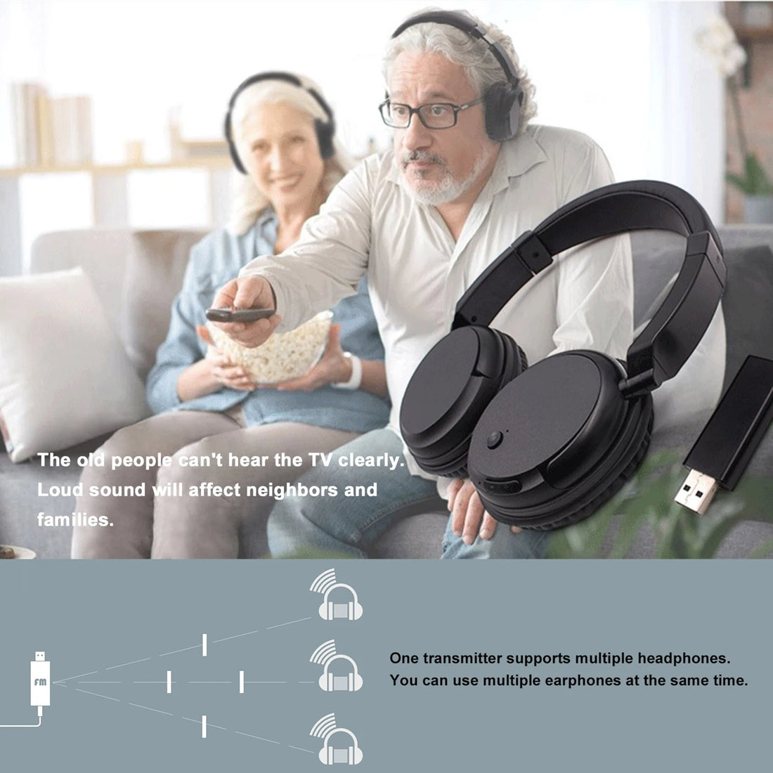 FM Wireless Headphones Over Ear Music Earphones with Transmitter 3.5mm Wired Headset Support FM Radio for TV PC Phones MP3 Playe