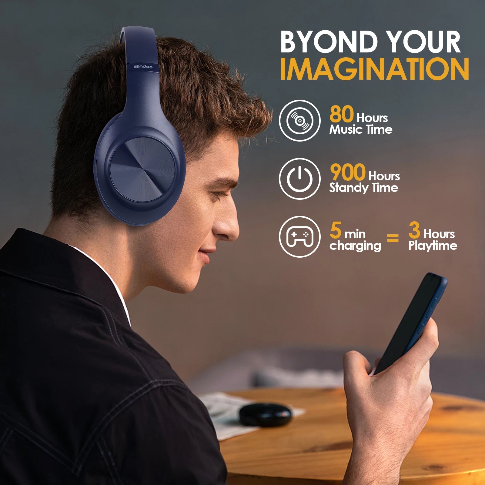 Siindoo JH-923 Wireless Headphones Over Ear,Foldable Bluetooth Headsets,3EQ Sound Modes, Hi-Res Audio with Mic Deep Bass Blue