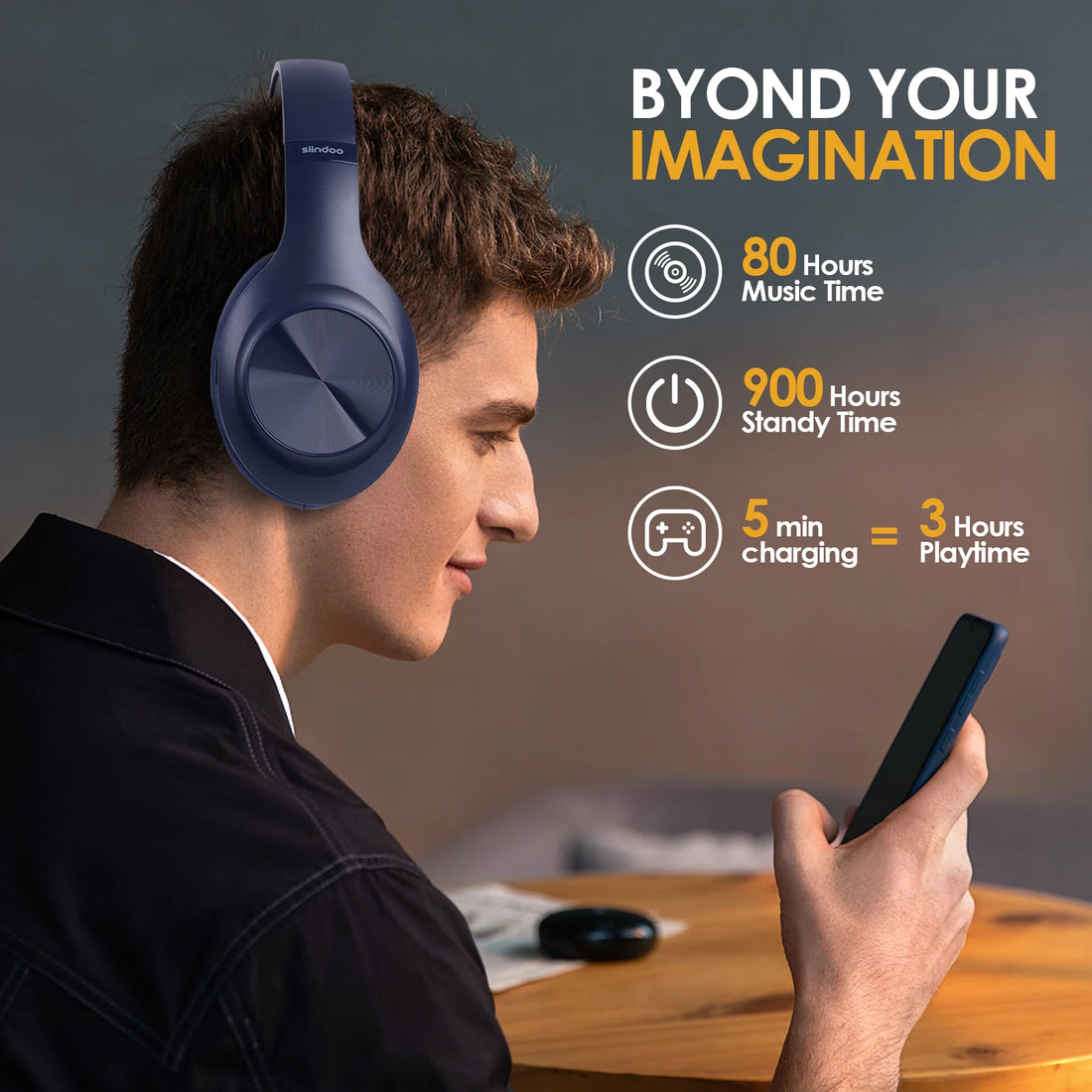 Siindoo JH-923 Wireless Headphones Over Ear,Foldable Bluetooth Headsets,3EQ Sound Modes, Hi-Res Audio with Mic Deep Bass Blue