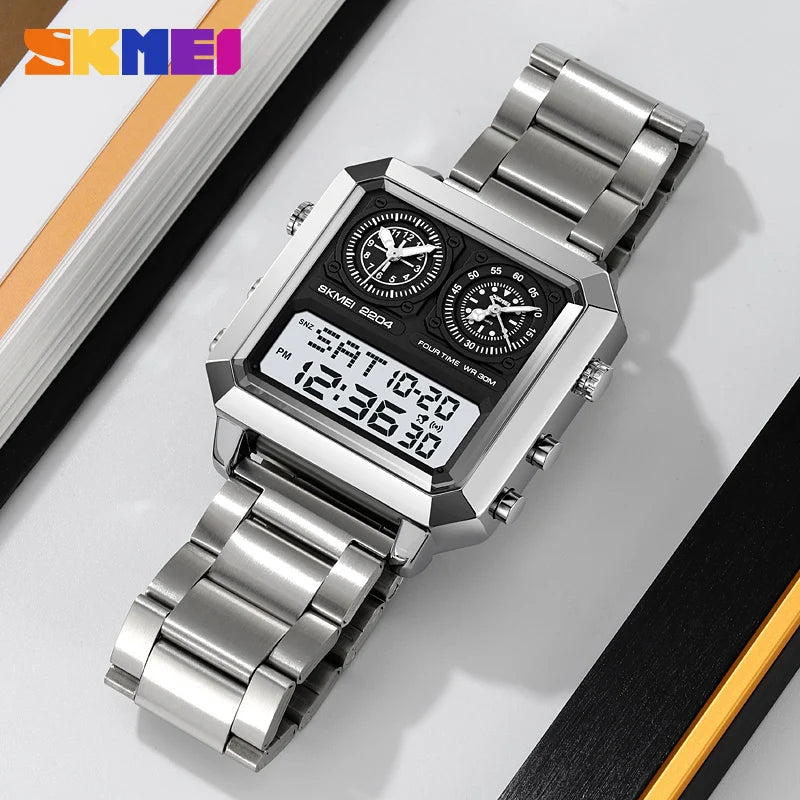 SKMEI Genuine Men's Electronic Watch Square Countdown Mary Gold Stainless Steel Strap 4 Time Timer Alarm Clock EL Luminous 2204