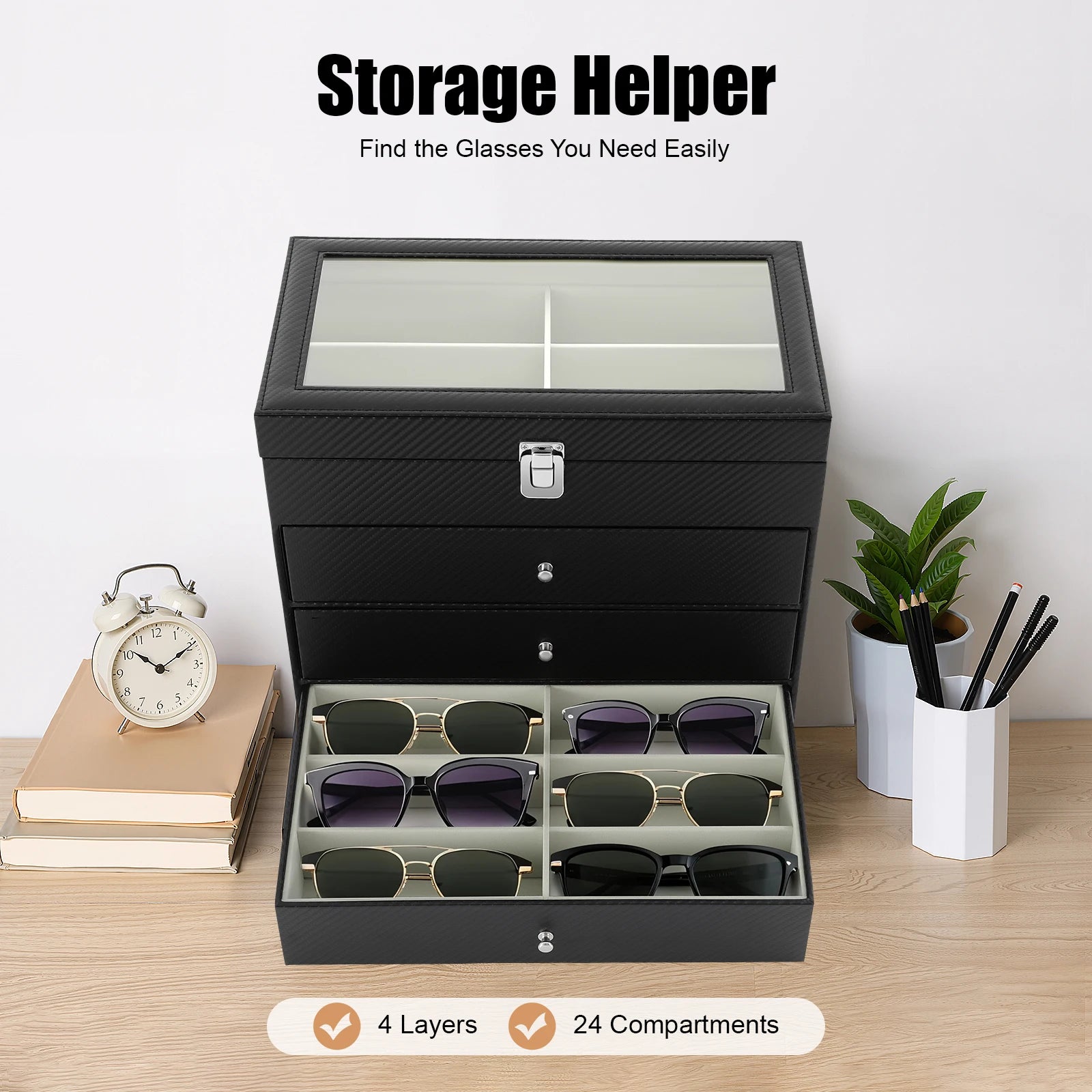 24-Slot Glasses Display Case, PU Leather & Glass Top Storage Box for Sunglasses, Watches, Jewelry, Locking Clasp & Pull-Out