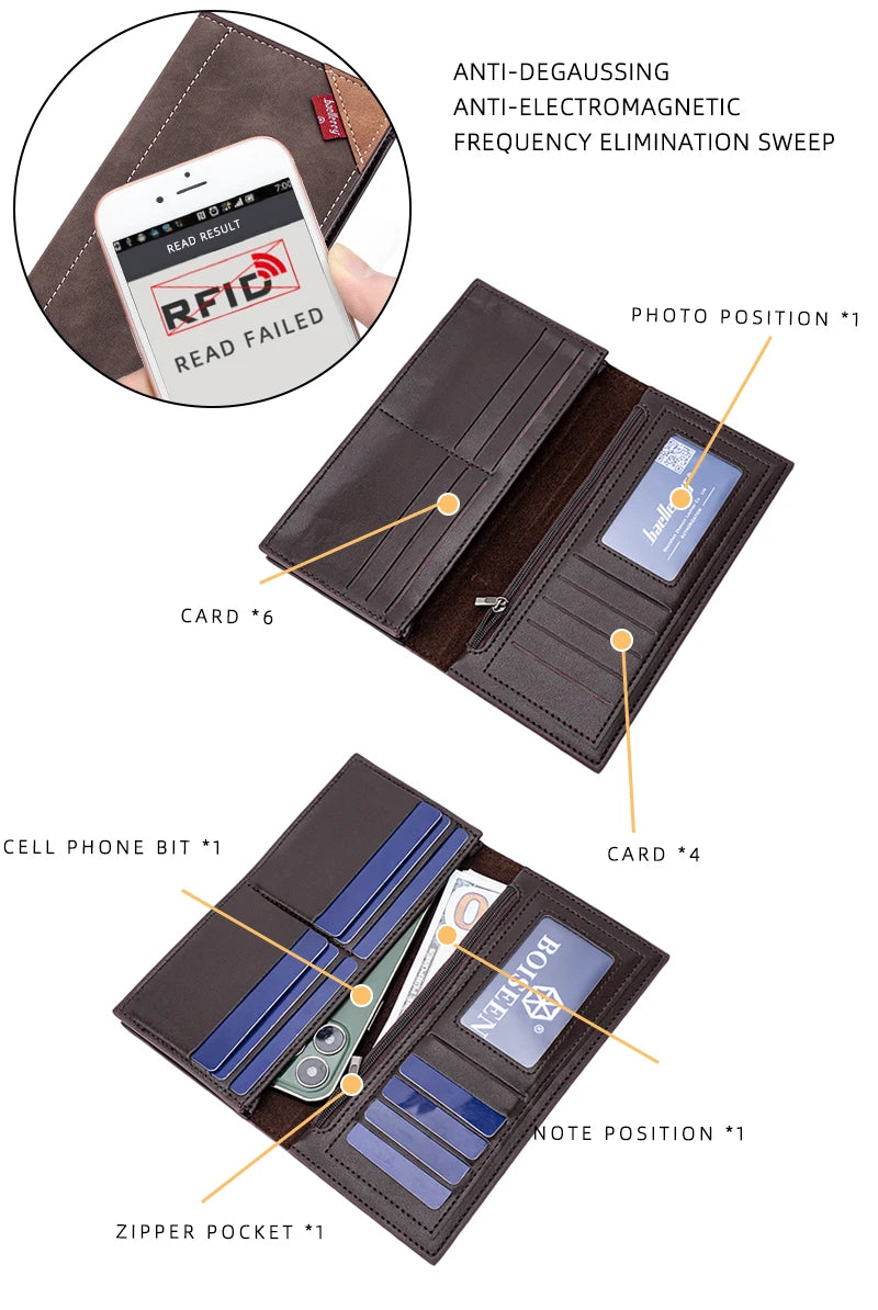 Men's Leather Wallet ID Card Holder Purse Bifold Pocket Long Clutch Bifold Business Money Bag Man Wallets Slim Wallet Card Slot