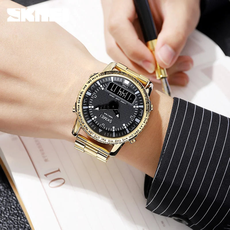 SKMEI Dual Time Dial Watch Fashion Steel Men's Men Watches Luxury Led Light Chrono Digital Watch Sport Stopwatch Clock For Men