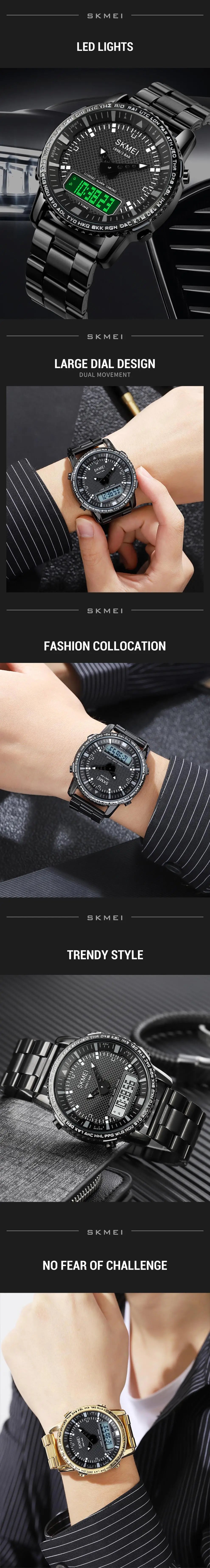 SKMEI Dual Time Dial Watch Fashion Steel Men's Men Watches Luxury Led Light Chrono Digital Watch Sport Stopwatch Clock For Men