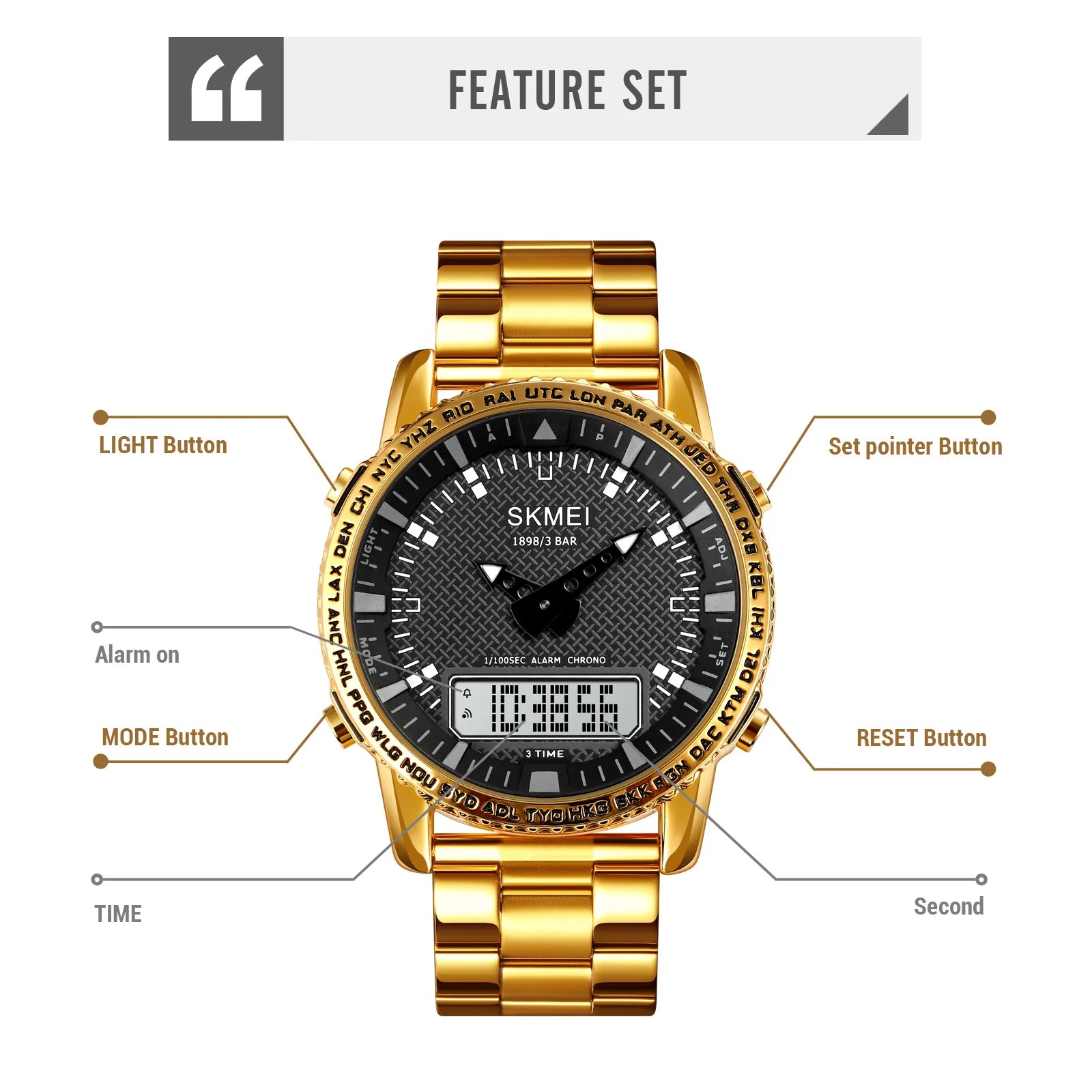 SKMEI Dual Time Dial Watch Fashion Steel Men's Men Watches Luxury Led Light Chrono Digital Watch Sport Stopwatch Clock For Men