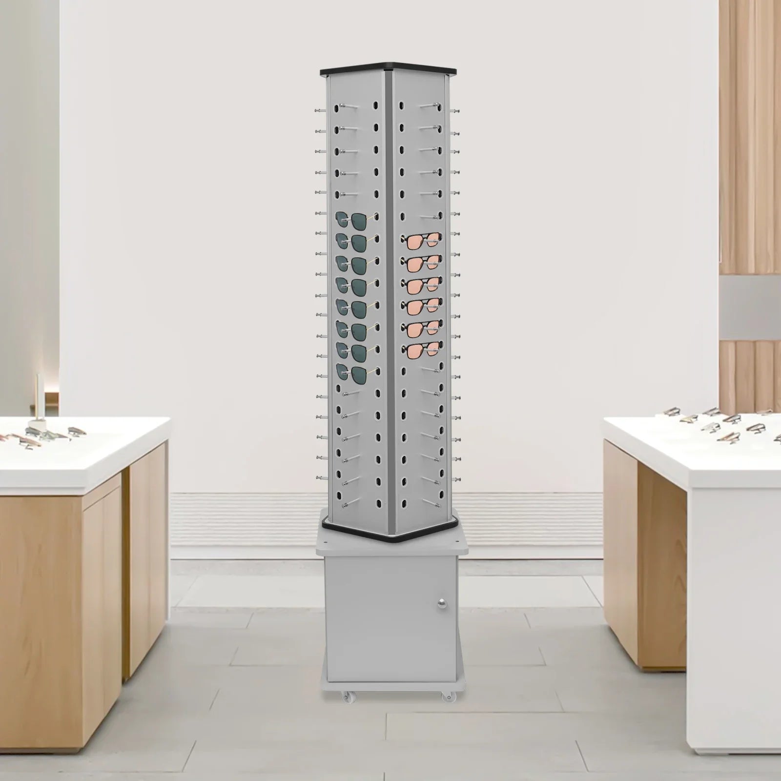Rotating Glasses Display Stand – Silver Floor Stand with Aluminum-Plastic Plate for Sunglasses and Eyewear