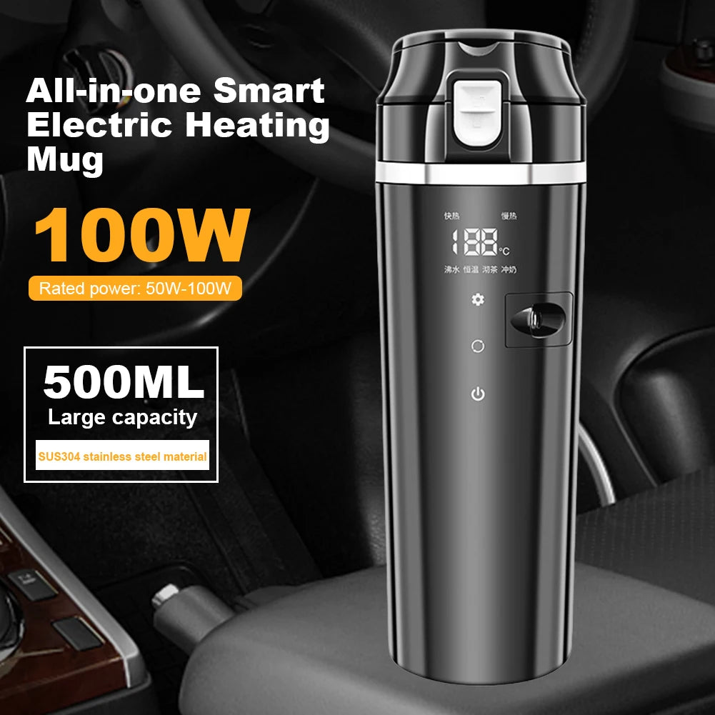 12V/24V Water Warmer Bottle Smart Temperature Control Car Heated Smart Mug Digital LCD Display Thermos Cup Stainless Steel 500ML