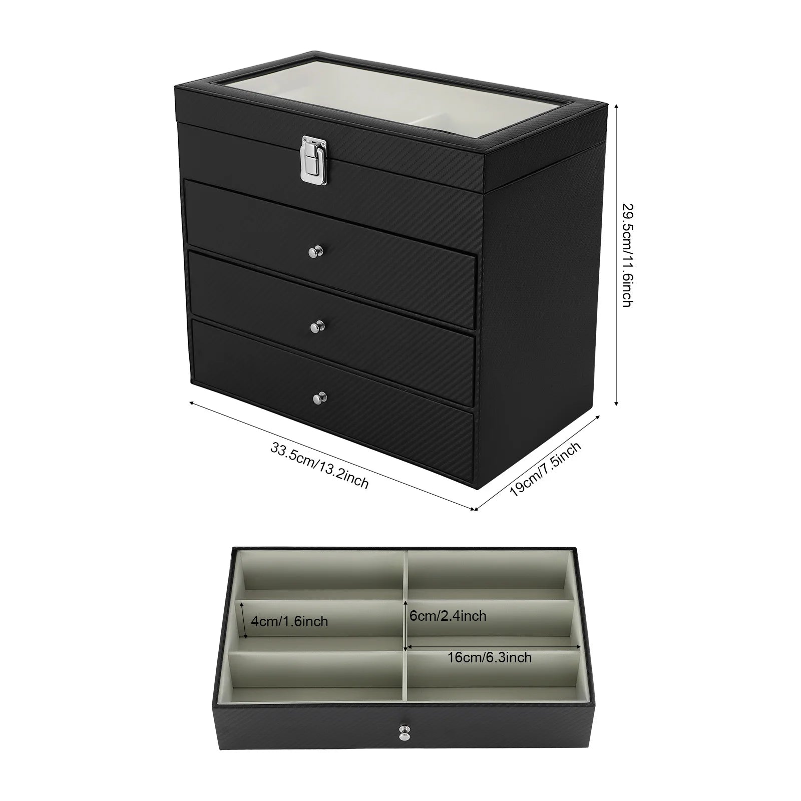 24-Slot Glasses Display Case, PU Leather & Glass Top Storage Box for Sunglasses, Watches, Jewelry, Locking Clasp & Pull-Out