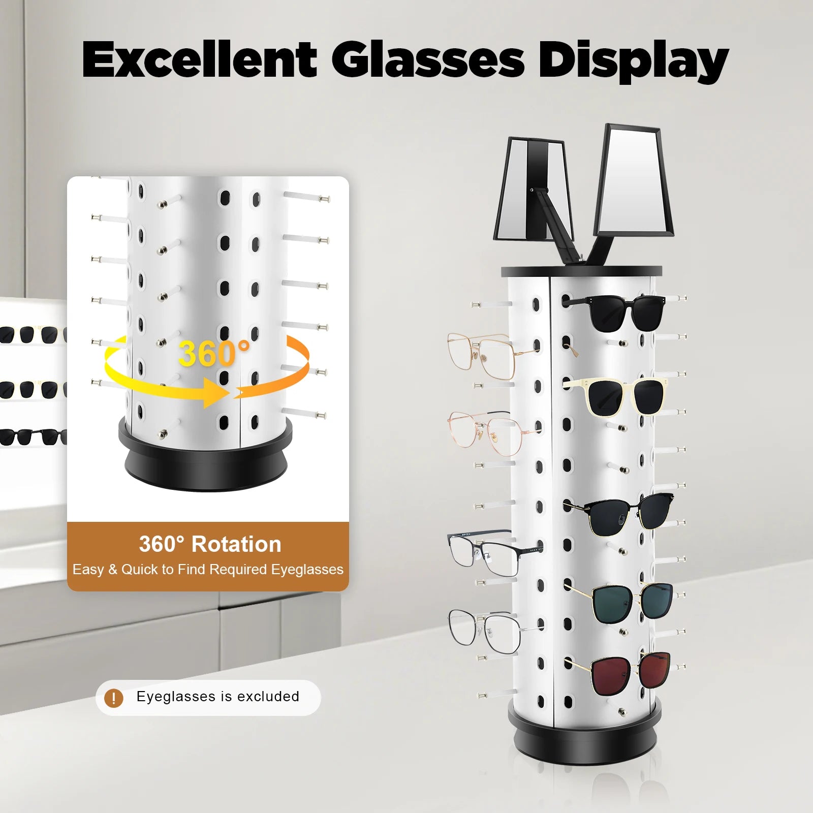 Bymaocar Sunglasses Display Rack 360° Rotating  44 Pieces + Mirror Spinning Stand Glass Holder Home Decor with Hooks and Holes