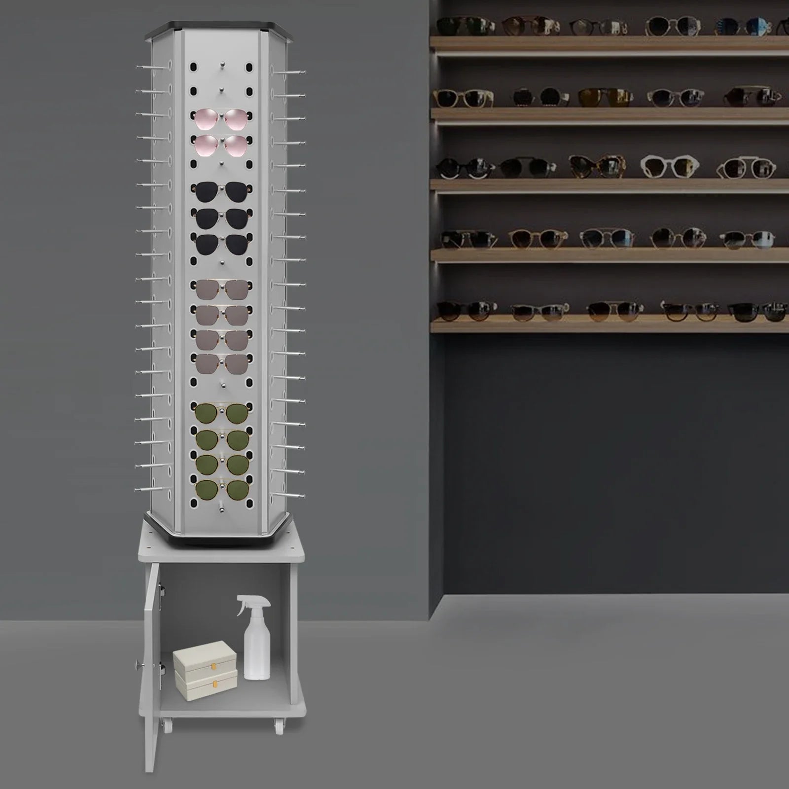 Rotating Glasses Display Stand – Silver Floor Stand with Aluminum-Plastic Plate for Sunglasses and Eyewear