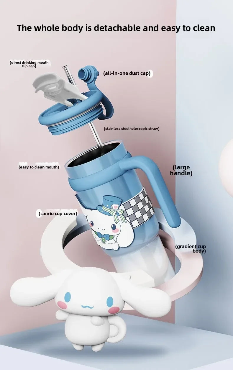 Sanrio 900Ml Thermos Cup Hello Kitty Cinnamoroll Kuromi Design Leakproof Water Cup Portable Bag Car Ice Cup Gift for Friends