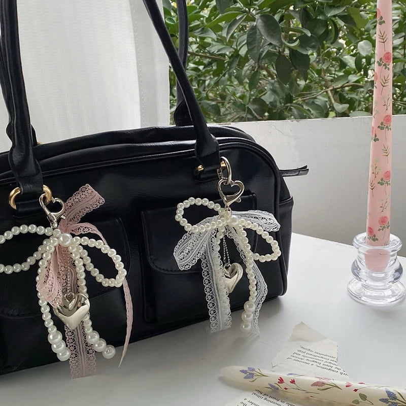 1Pcs Sweet Lace Bow Beaded Bow Keychain Phone Charm Strap Pendant For Phone Accessories Bag Hanging Cord For Women Girl