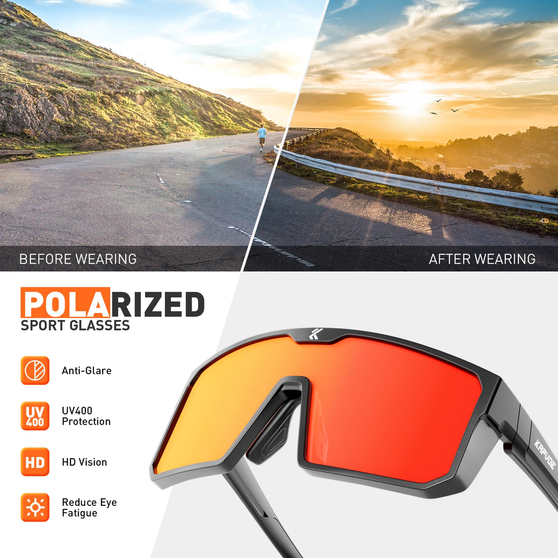 KAPVOE Polarized Cycling Glasses Sports Sunglasses for Men Women, UV400 Protection MTB Bicycle Baseball Mountain Bike Glasses