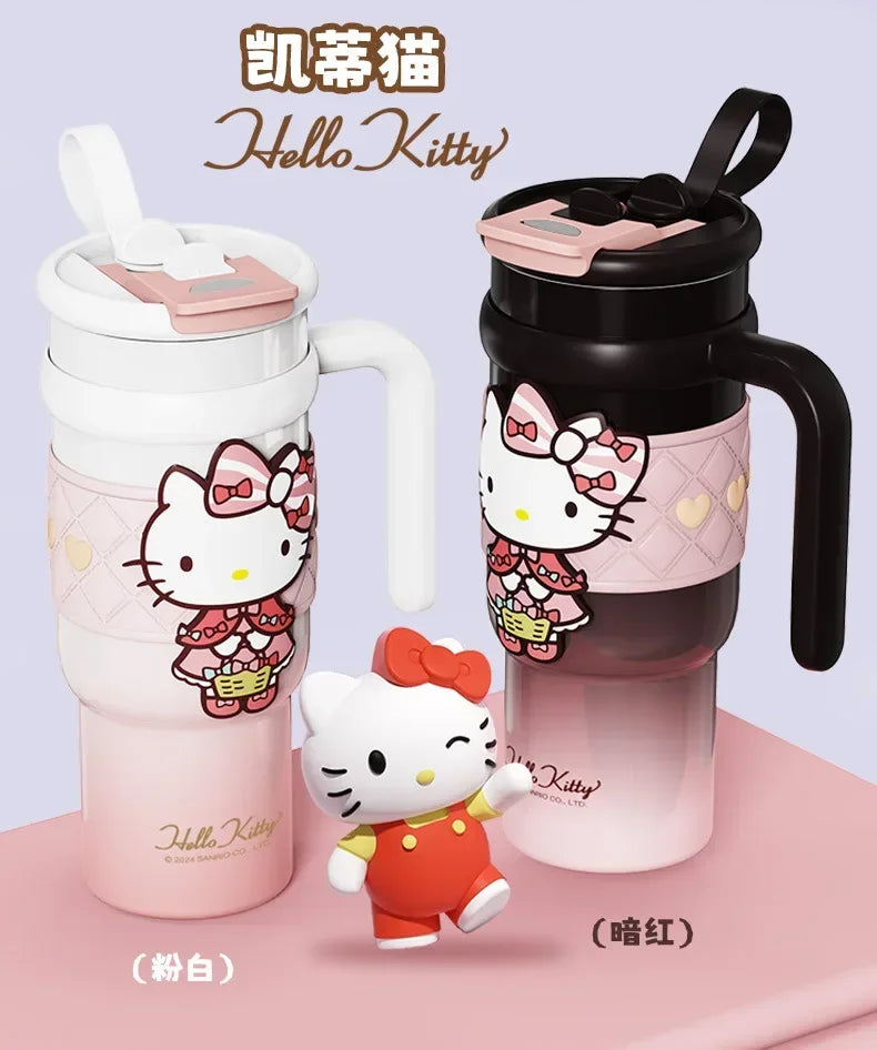 Sanrio 900Ml Thermos Cup Hello Kitty Cinnamoroll Kuromi Design Leakproof Water Cup Portable Bag Car Ice Cup Gift for Friends