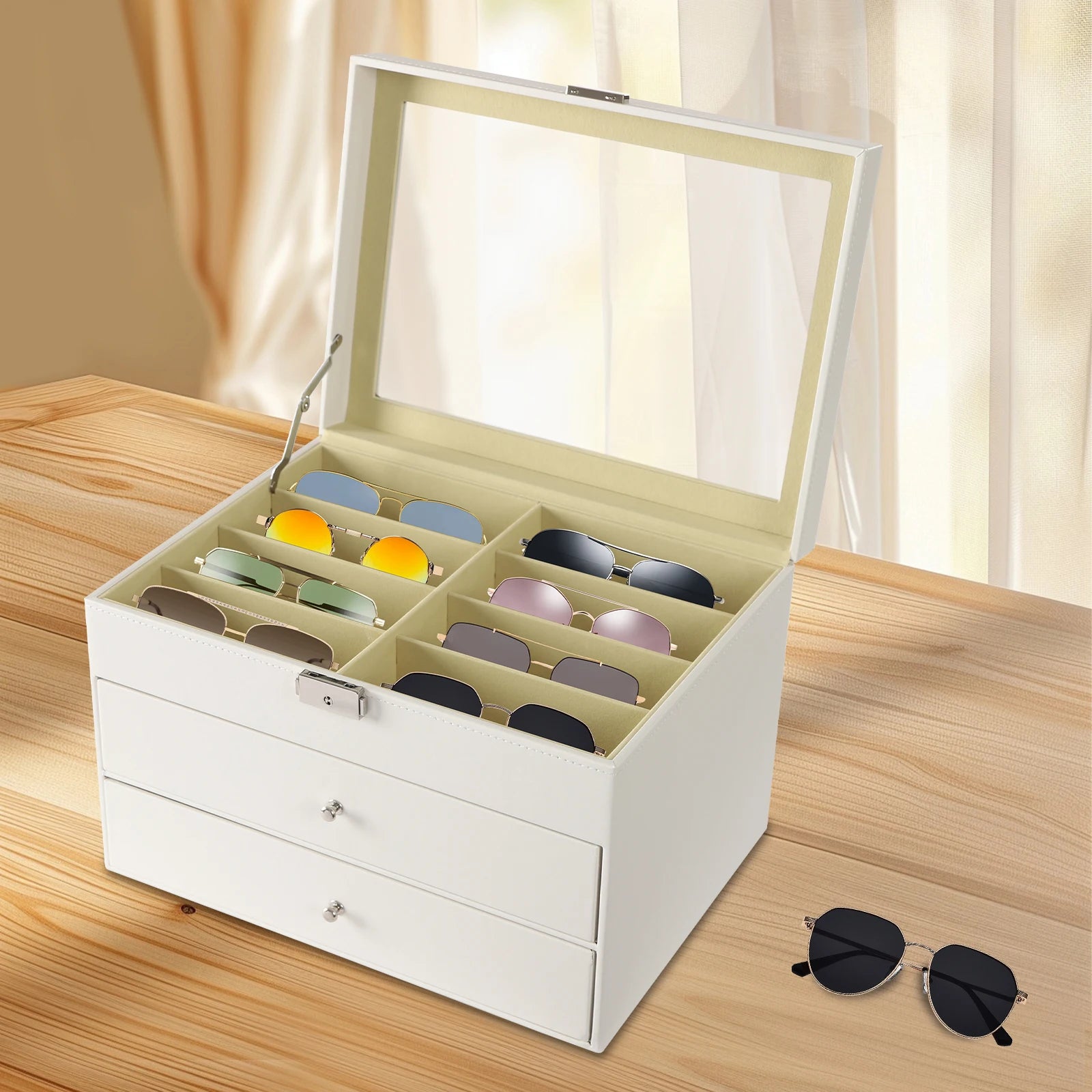 Sunglasses Box with 3-Tier Design, 24 Compartment Storage, Clear Glass Lid, Sturdy Lock, Soft Lint Interior, Eco-Friendly MDF