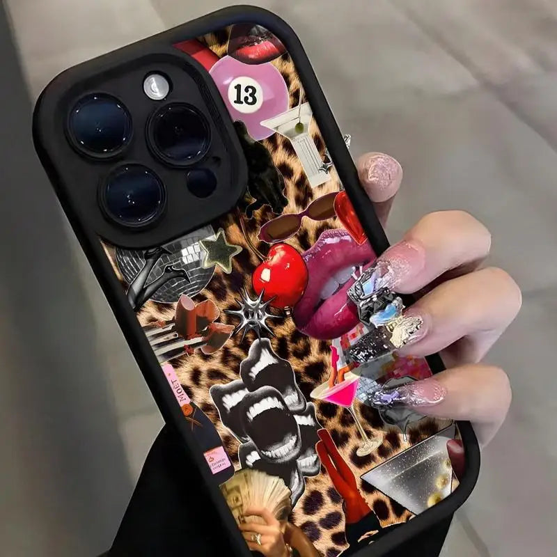 Lip & Leopard-print Phone Case Phone Accessories for IPhone 16 Pro Max 15 Pro 14Plus 13 12 11 XR X/XS Smartphone Accessories