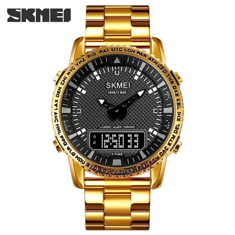SKMEI Dual Time Dial Watch Fashion Steel Men's Men Watches Luxury Led Light Chrono Digital Watch Sport Stopwatch Clock For Men