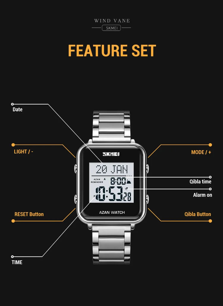 SKMEI Muslim Azan Digital Watches Men's Watch For Men Prayer With Qibla Compass Adhan Alarm Hijri Islamic Wristwatches Clock