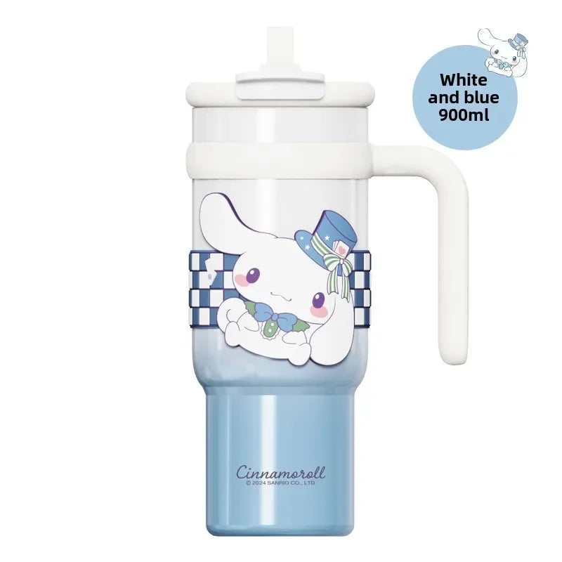 Sanrio 900Ml Thermos Cup Hello Kitty Cinnamoroll Kuromi Design Leakproof Water Cup Portable Bag Car Ice Cup Gift for Friends