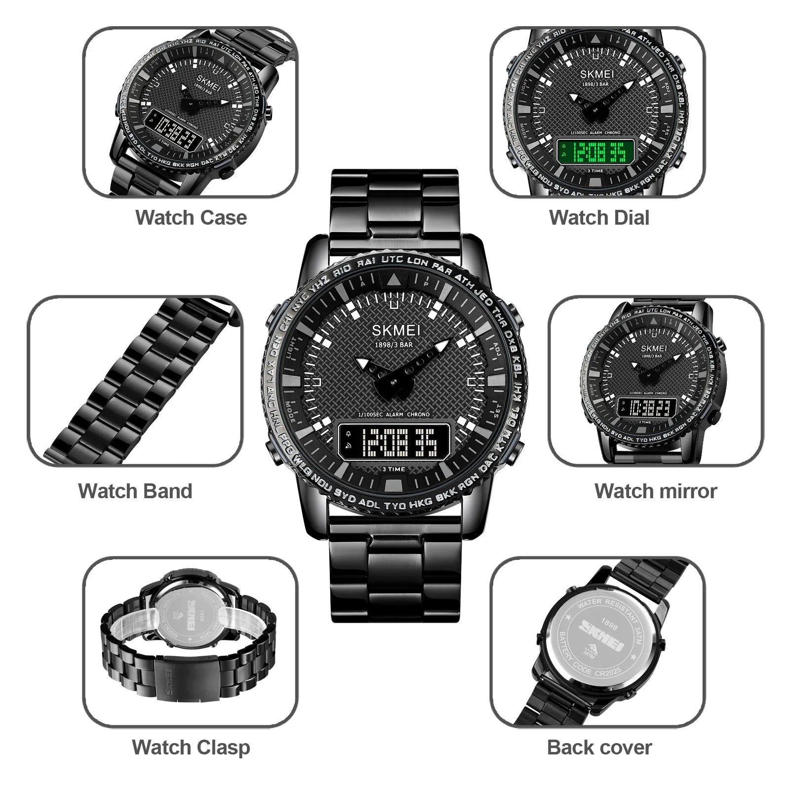 SKMEI Dual Time Dial Watch Fashion Steel Men's Men Watches Luxury Led Light Chrono Digital Watch Sport Stopwatch Clock For Men