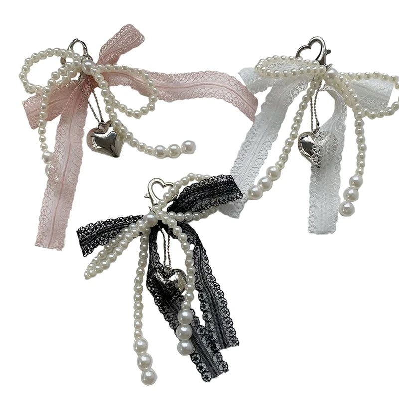 1Pcs Sweet Lace Bow Beaded Bow Keychain Phone Charm Strap Pendant For Phone Accessories Bag Hanging Cord For Women Girl