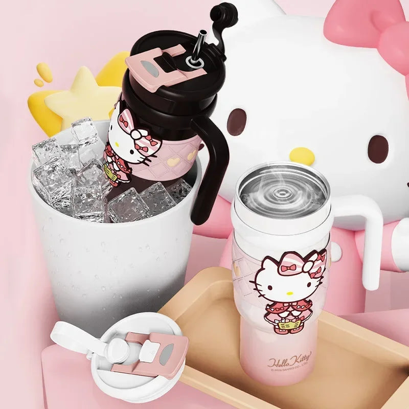 Sanrio 900Ml Thermos Cup Hello Kitty Cinnamoroll Kuromi Design Leakproof Water Cup Portable Bag Car Ice Cup Gift for Friends