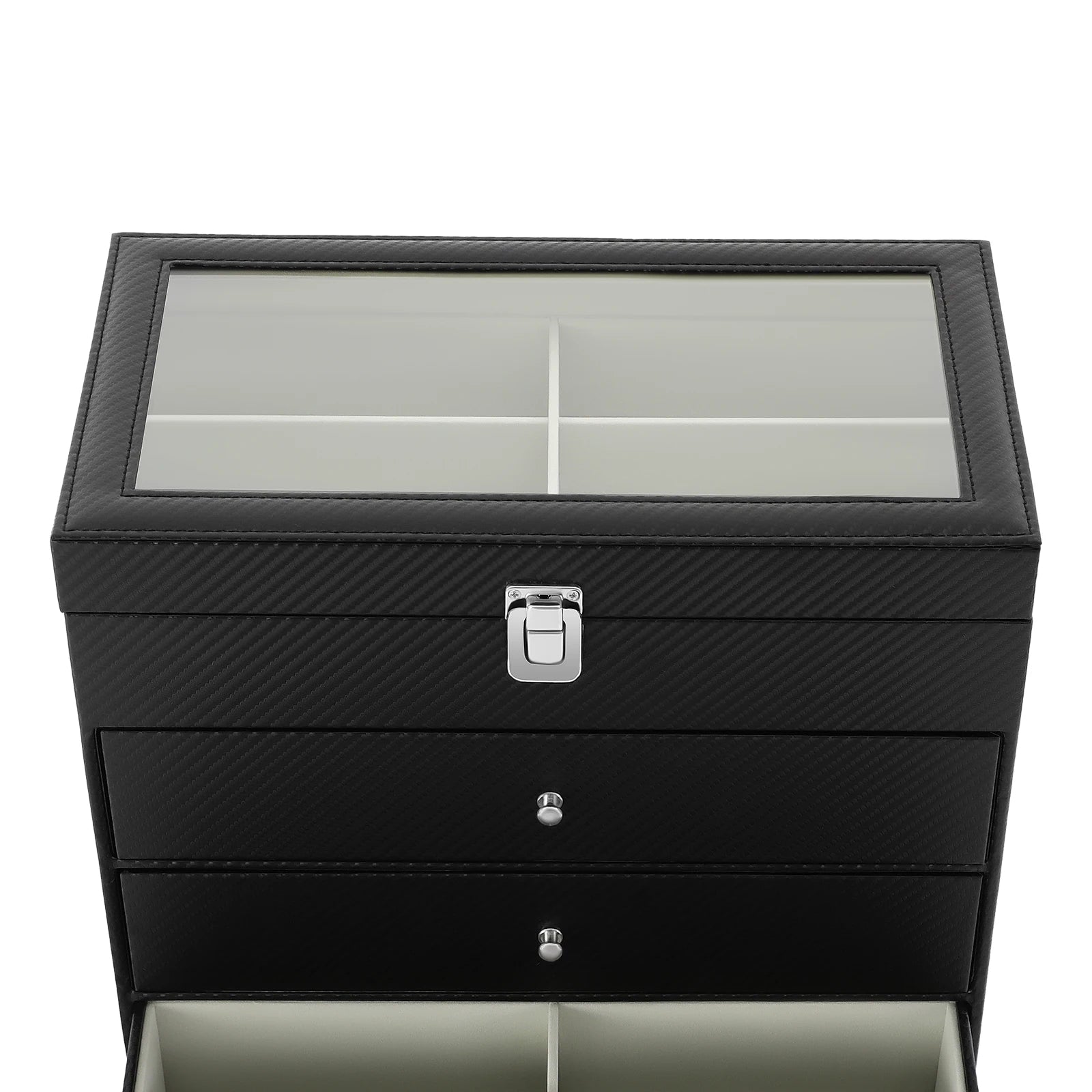 24-Slot Glasses Display Case, PU Leather & Glass Top Storage Box for Sunglasses, Watches, Jewelry, Locking Clasp & Pull-Out