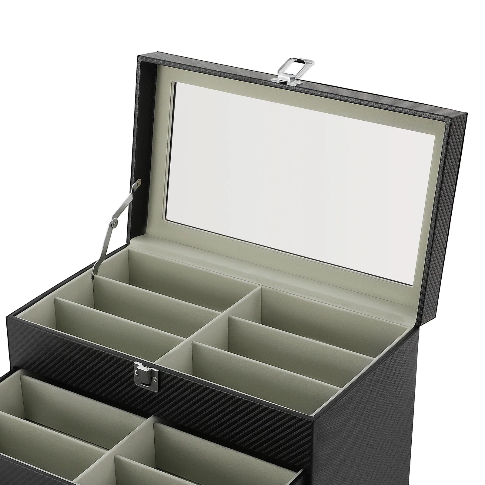 24-Slot Glasses Display Case, PU Leather & Glass Top Storage Box for Sunglasses, Watches, Jewelry, Locking Clasp & Pull-Out